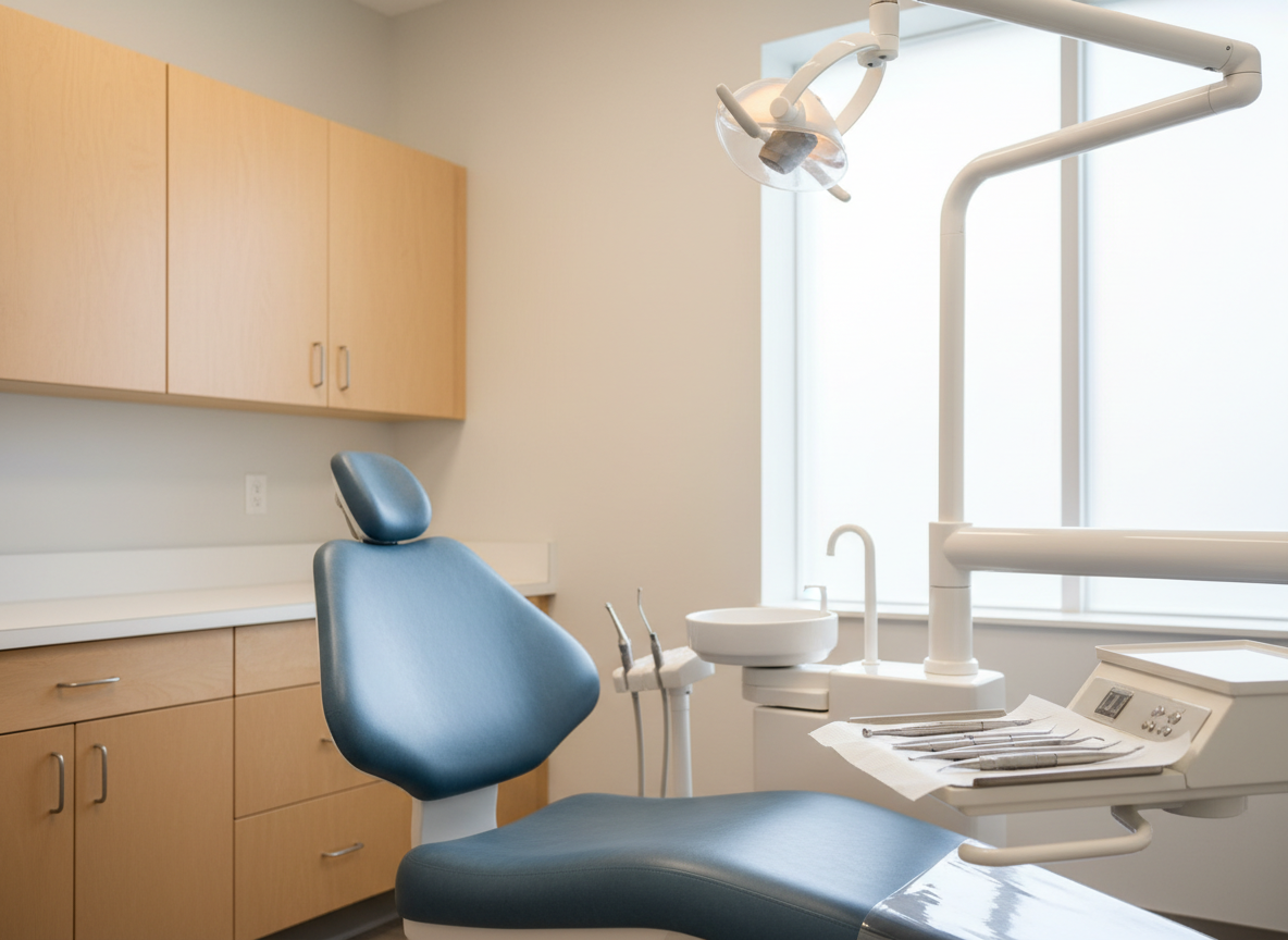 A spotless dental treatment room in a modern Rochester family dental practice, centered on a sleek, reclining dental chair upholstered in soft slate-blue with subtle texture. Stainless-steel instrument trays are neatly arranged beside it, holding polished, unused tools on a crisp white disposable cover. The walls are a calm, warm white with a hint of soft gray, and built-in cabinetry in light maple wood lines one side. Gentle, diffused daylight filters through a frosted window, complemented by a dimmed overhead operatory light, creating a bright yet soothing atmosphere. Photographic realism at eye level, with sharp focus throughout, conveys cleanliness, professionalism, and a reassuringly calm mood suitable for a family dentistry homepage hero image.