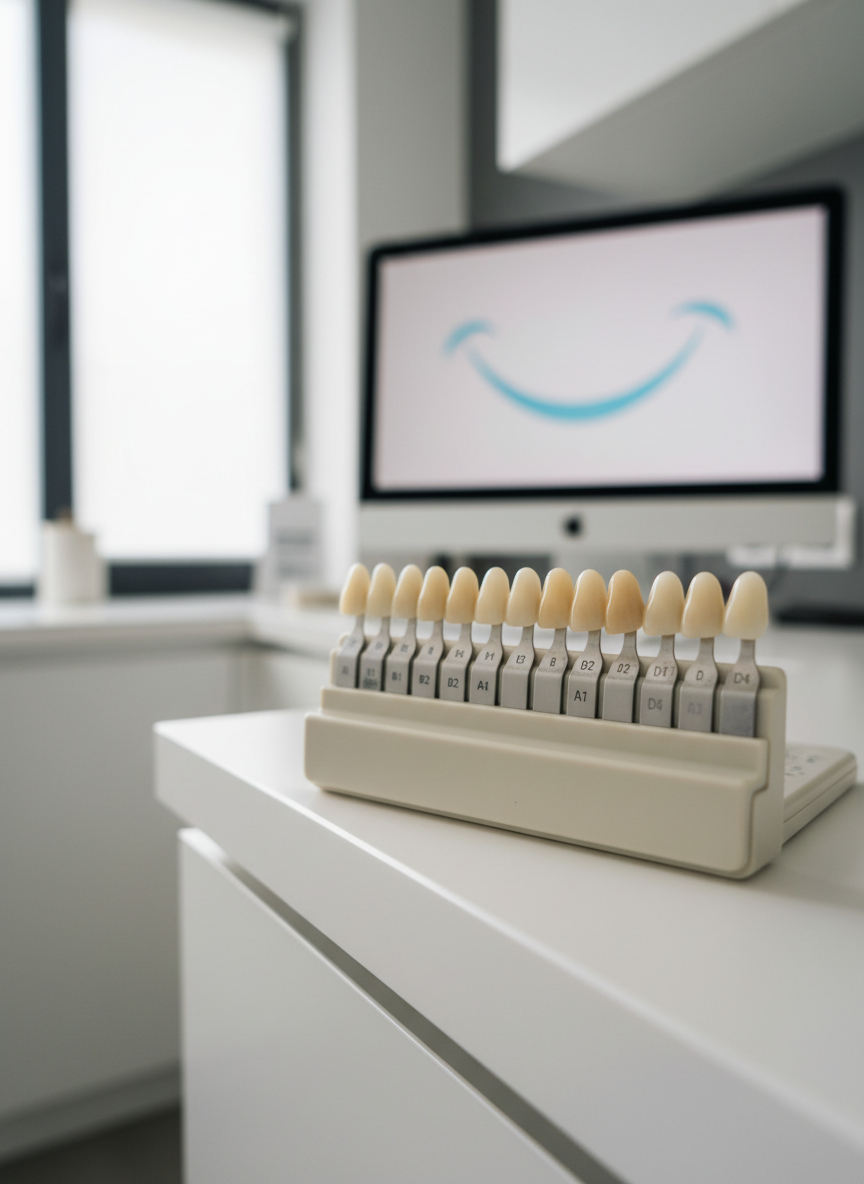 A detailed, photographic realistic close-up of a shade guide fan used for cosmetic dentistry, each tooth-shaped porcelain tab displaying a different natural enamel hue from light ivory to warm beige. The guide rests on a spotless white countertop, its matte plastic handle labeled subtly with shade codes. Soft, diffused natural light from a nearby window illuminates the translucent quality of the porcelain tabs, casting gentle, almost imperceptible shadows. In the softly blurred background, a monitor displays an abstract smile graphic in muted blues and whites, and a faint outline of cabinetry suggests a consultation room. Shot at a low, side angle with shallow depth of field, the mood is calm, meticulous, and aspirational, ideal for illustrating personalized cosmetic dental care.