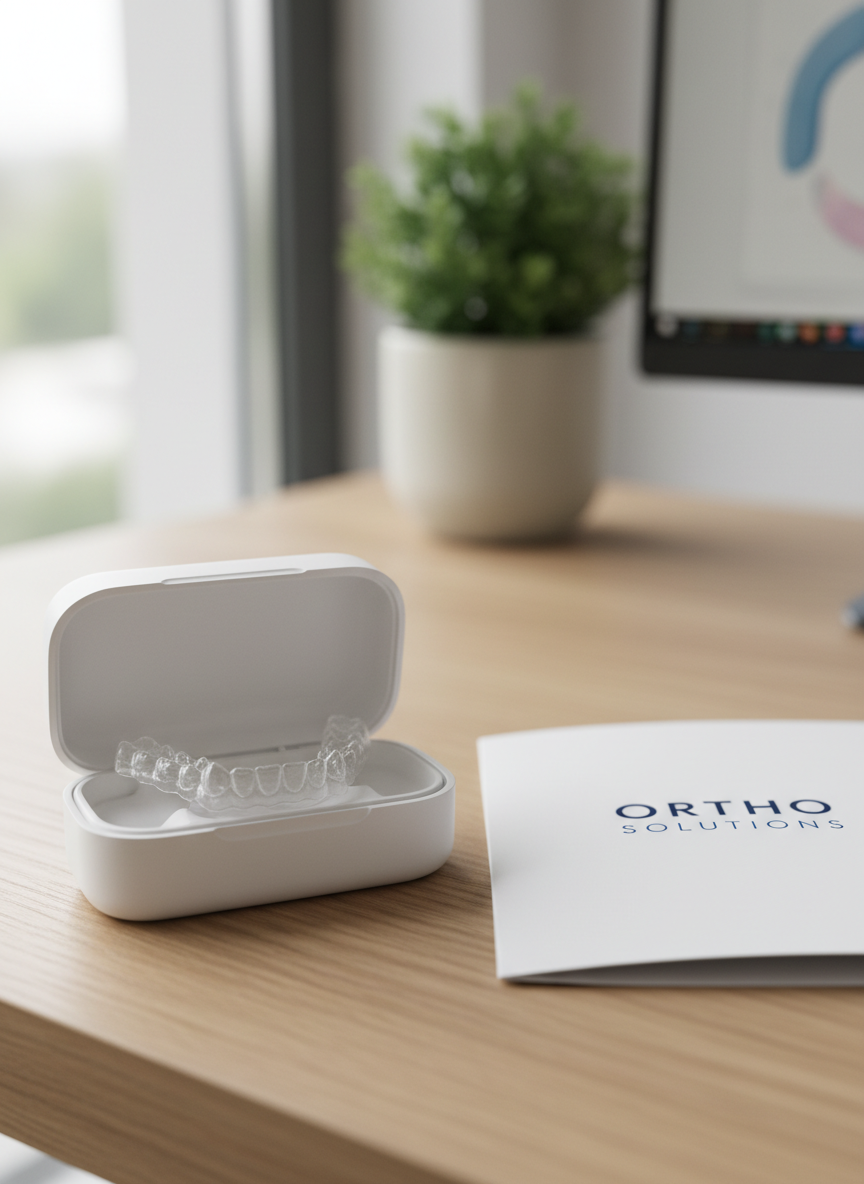 A high-resolution, photographic realistic close-up of a clear dental aligner resting in an open, matte-white aligner case on a light oak desk within a dental consultation office. The aligner’s transparent, finely contoured plastic captures subtle highlights from soft, indirect daylight streaming through a nearby window, showing precise tooth impressions. Beside the case lies a neatly printed treatment plan folder branded simply with understated navy-blue text. In the background, gently out of focus, sits a potted green plant and the corner of a computer monitor displaying a blurred dental chart. Framed with a rule-of-thirds composition and shallow depth of field, the scene feels modern, clean, and reassuring, emphasizing advanced, patient-centered orthodontic options.