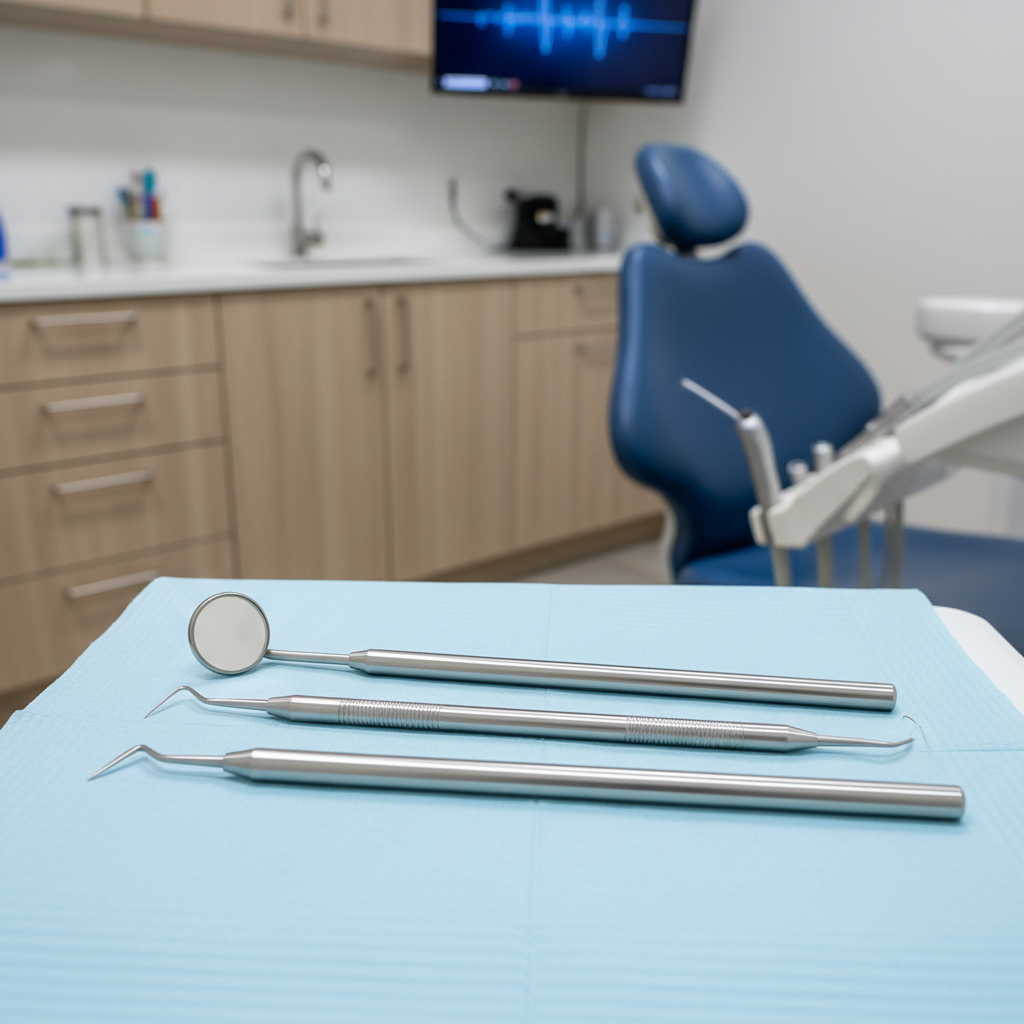 A close-up, photographic realistic view of a perfectly arranged set of dental instruments resting on a folded pale-blue sterile drape. Each stainless-steel tool, from a mouth mirror to a dental explorer and scaler, gleams under soft, cool-white overhead lighting, revealing smooth handles and precisely crafted tips. In the blurred background, hints of a modern dental operatory appear: light wood cabinetry, a digital monitor with a soft abstract blue screen, and a portion of a blue dental chair. Shot from a slightly elevated angle with a shallow depth of field, the composition feels orderly and meticulous, emphasizing precision, hygiene, and professional care in a calm, clinical but welcoming environment.