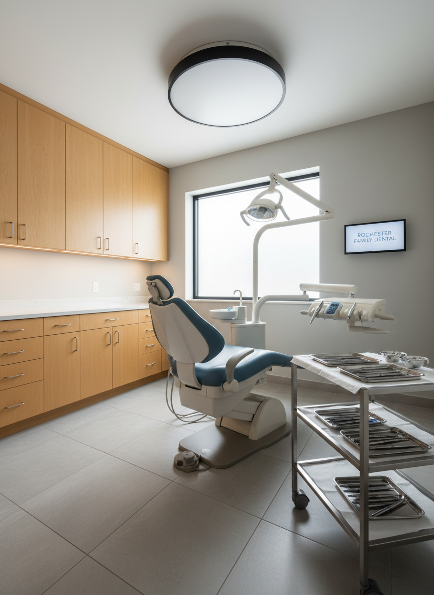 A spotless dental treatment room in a modern Rochester family dental practice, centered on a sleek, reclining dental chair upholstered in soft slate-blue with subtle texture. Stainless-steel instrument trays are neatly arranged beside it, holding polished, unused tools on a crisp white disposable cover. The walls are a calm, warm white with a hint of soft gray, and built-in cabinetry in light maple wood lines one side. Gentle, diffused daylight filters through a frosted window, complemented by a dimmed overhead operatory light, creating a bright yet soothing atmosphere. Photographic realism at eye level, with sharp focus throughout, conveys cleanliness, professionalism, and a reassuringly calm mood suitable for a family dentistry homepage hero image.