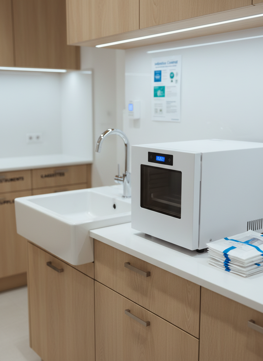 A pristine white porcelain bathroom-style sink integrated into a modern dental sterilization area, surrounded by light maple cabinetry and smooth, seamless countertops. On the counter, a compact, closed tabletop autoclave with a clean digital display sits beside neatly stacked, sealed instrument pouches with clear windows and white paper backs. Cool, even overhead LED lighting creates soft reflections on the stainless-steel faucet and the autoclave’s smooth surface. In the background, slightly out of focus, labeled storage drawers and a subtle hint of a wall-mounted infection control chart contribute to a sense of order. Photographic realism, eye-level composition, and a clean, modern aesthetic convey safety, sterility, and trust in professional dental protocols.